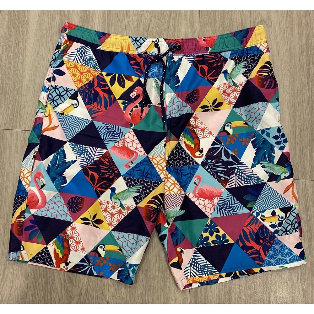 Men Red Ape MCMXXXIII Swim Trunks Bathing Suit XL Pink Blue Flamingo Geometric